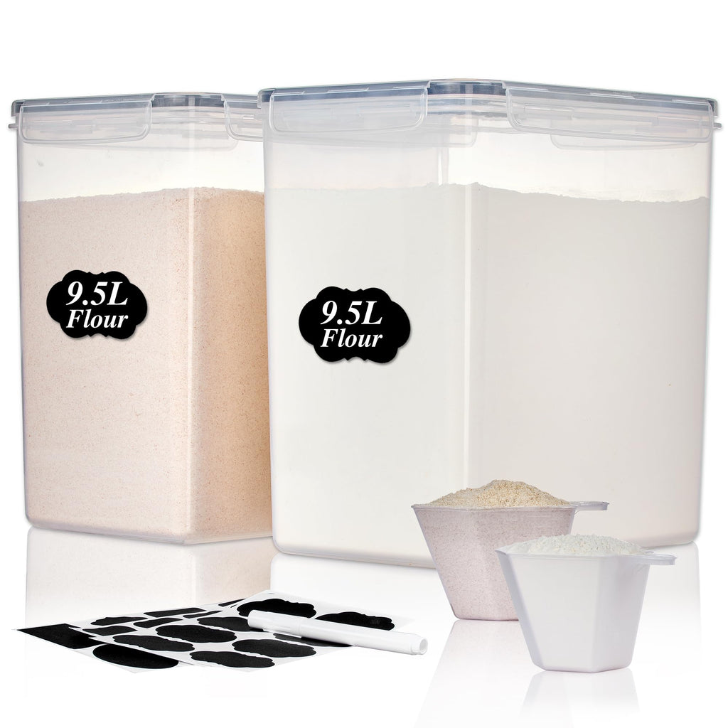 Vtopmart 9.5L 2 Pack Extra Large Flour Sugar Storage Containers, Each for 12.5 lbs flour, Airtight Kitchen Pantry Organization Canisters with Lids for Bulk food, Rice, Baking Supplies, BPA Free, Black