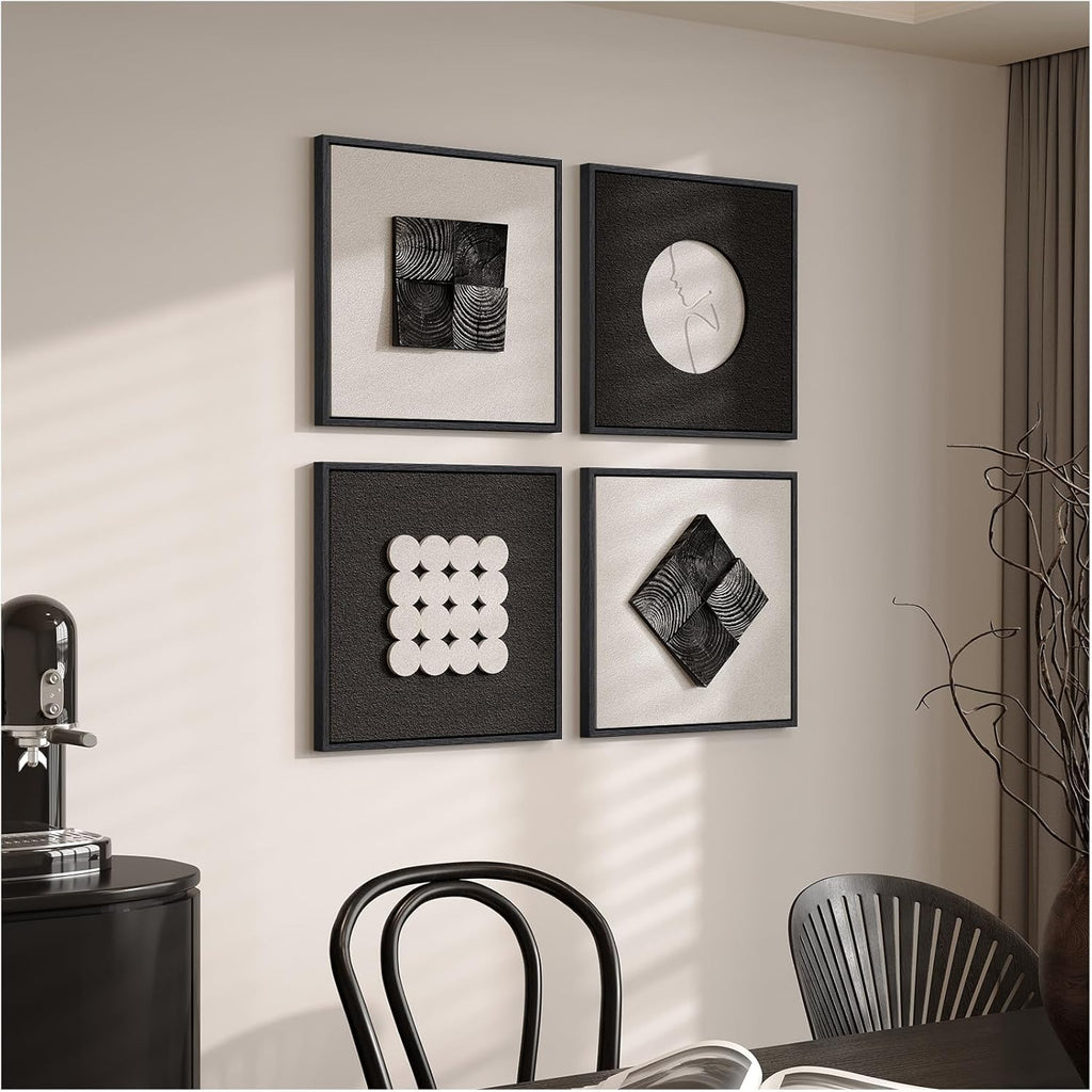 Skiennix 3D Wood Textured Wall Art Set - Modern Black & White Geometric Paintings for Home Decor