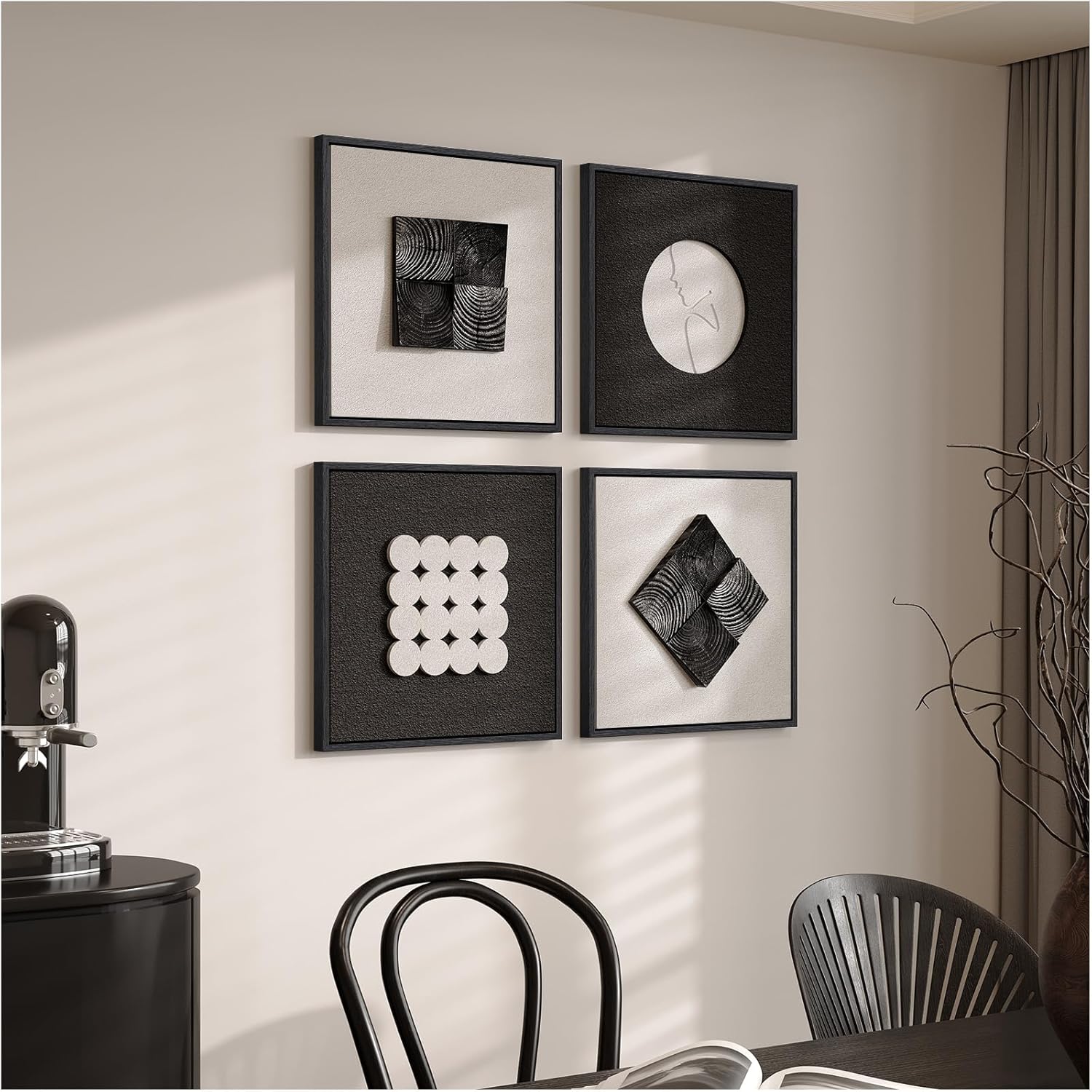 Skiennix 3D Wood Textured Wall Art Set - Modern Black & White Geometric Paintings for Home Decor