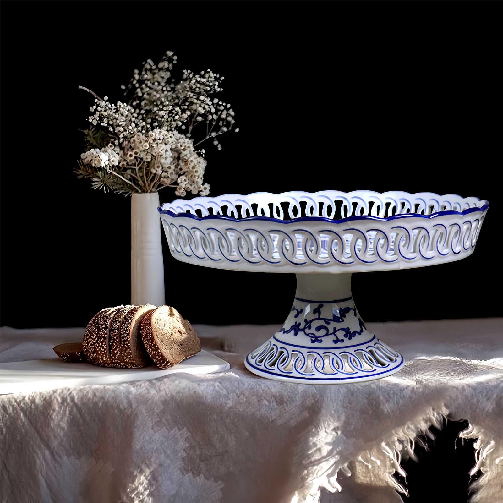 YYMayLsh Decorative Porcelain Fruit Bowl with Pedestal, Blue and White Floral Pattern, 11x5.7 inches