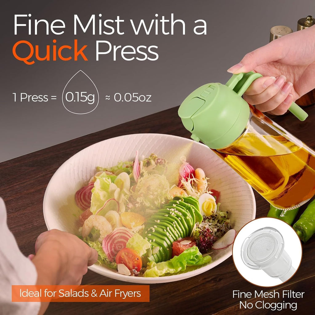Skiennix Glass Olive Oil Sprayer - 16oz 2-in-1 Oil Dispenser for Cooking & BBQ | Premium Green Kitchen Gadget