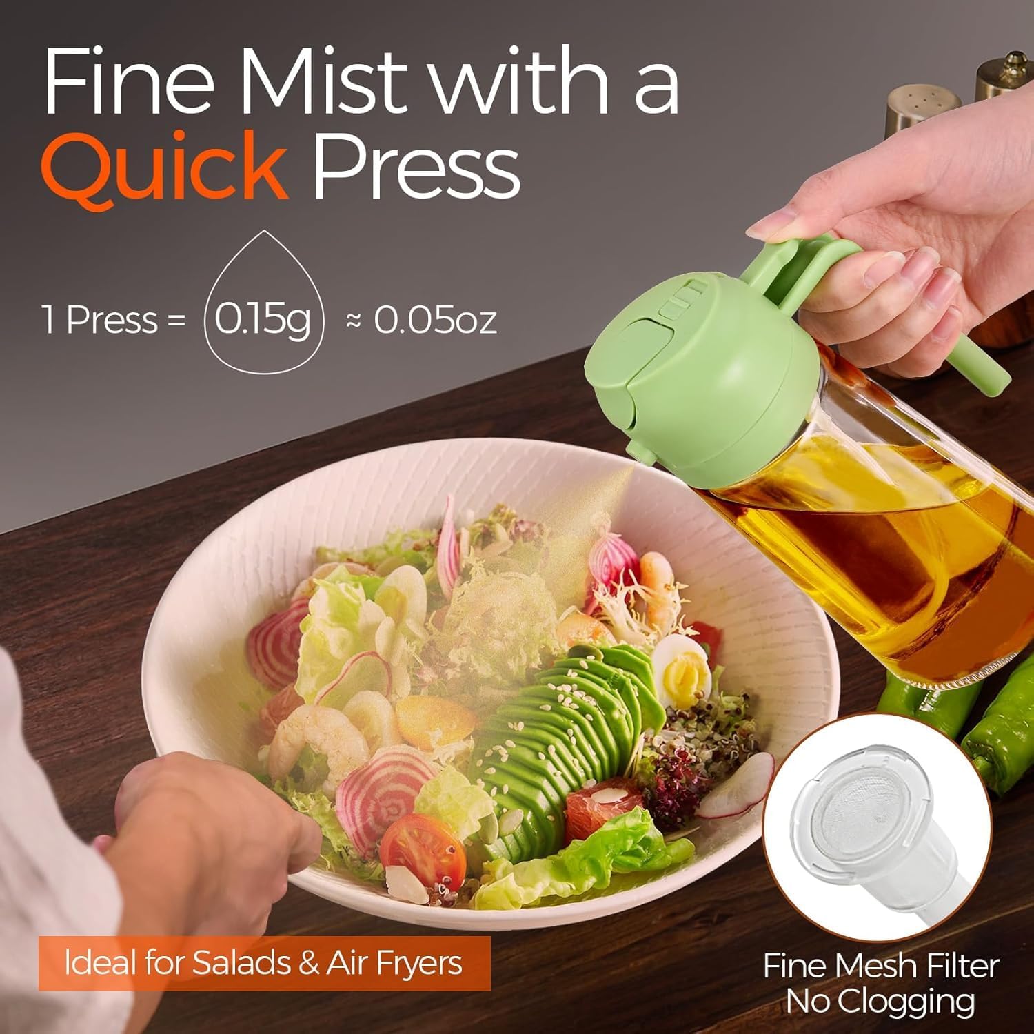 Skiennix Glass Olive Oil Sprayer - 16oz 2-in-1 Oil Dispenser for Cooking & BBQ | Premium Green Kitchen Gadget