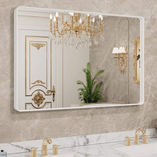 LOAAO Bathroom Mirror - 48x32 Inch White Metal Framed Vanity Mirror | Large Rounded Rectangle, Anti-Rust Tempered Glass, Versatile Hanging Options