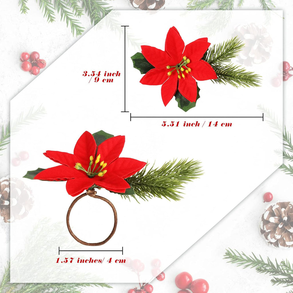 Skiennix Christmas Napkin Rings - 6-Piece Rustic Pine Cone & Poinsettia Set for Holiday Decor