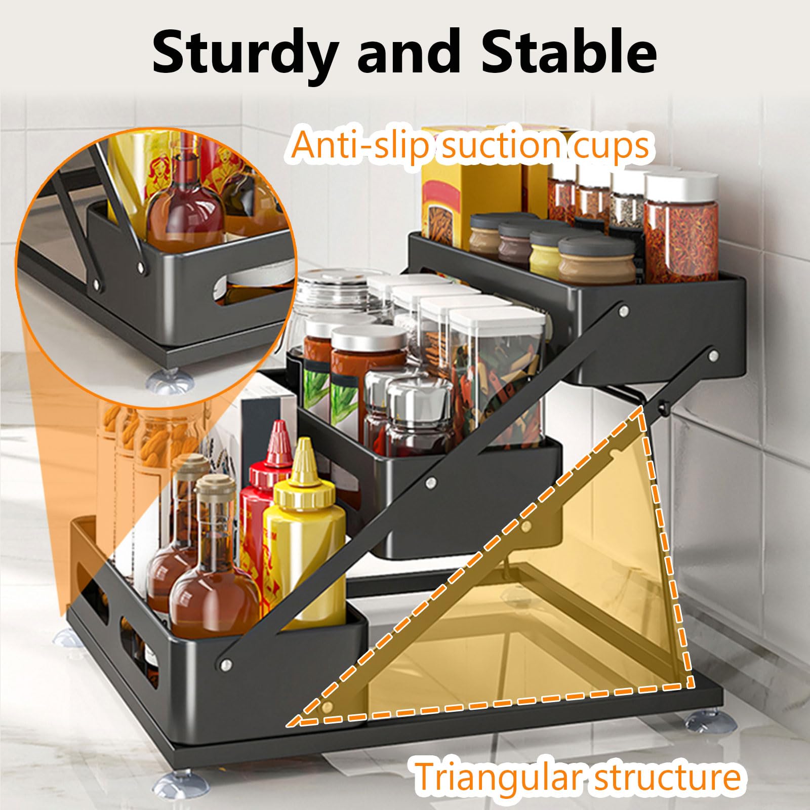Ceetug 3 Tier Foldable Spice Rack for Countertop Iron Kitchen Seasoning Organizer for Cabinet, Black