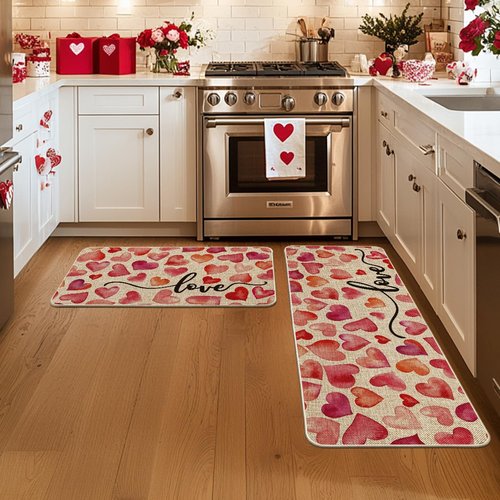 Artoid Mode Love Heart Valentines Kitchen Mats Set of 2, Home Decor Low-Profile Kitchen Rugs for Floor - 17x29 and 17x47 Inch