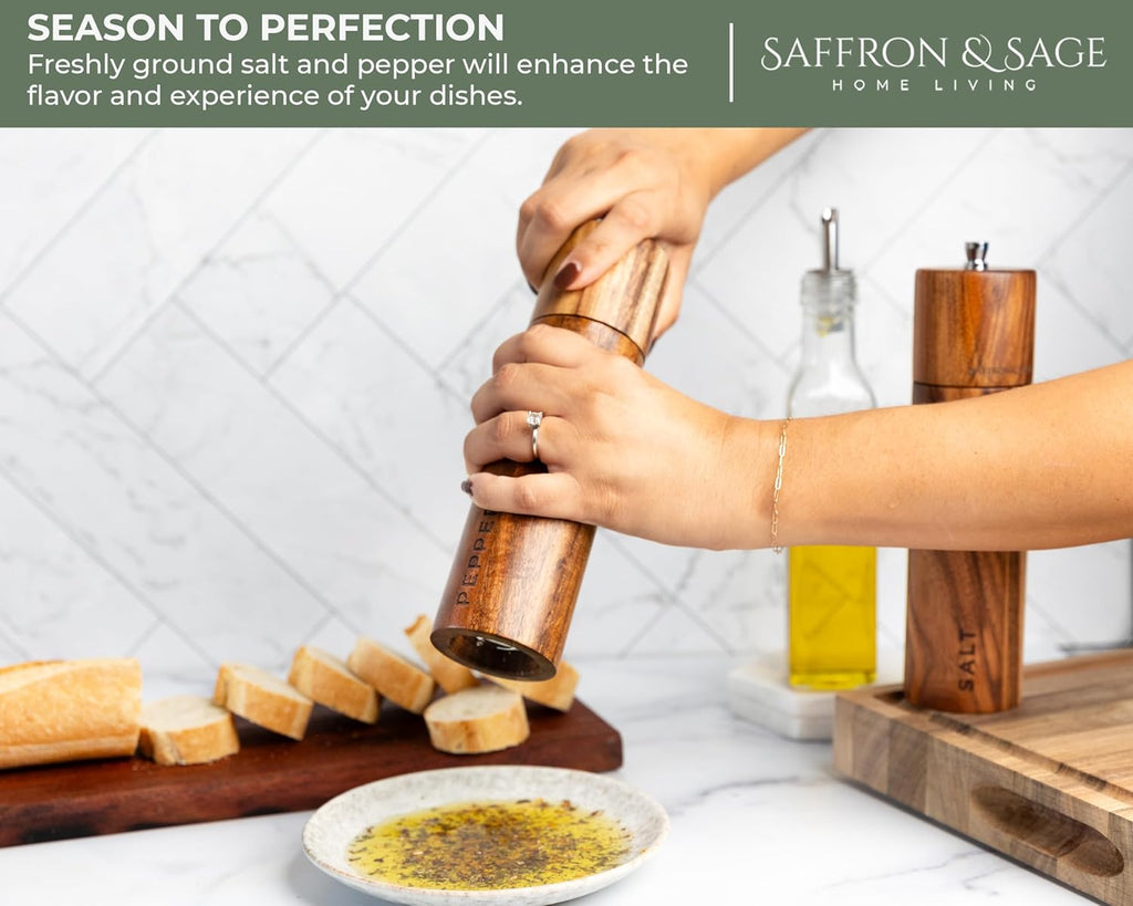 Saffron & Sage Acacia Wood Salt and Pepper Grinder Set | 8” Tall, Adjustable Coarse Settings, Rust Resistant