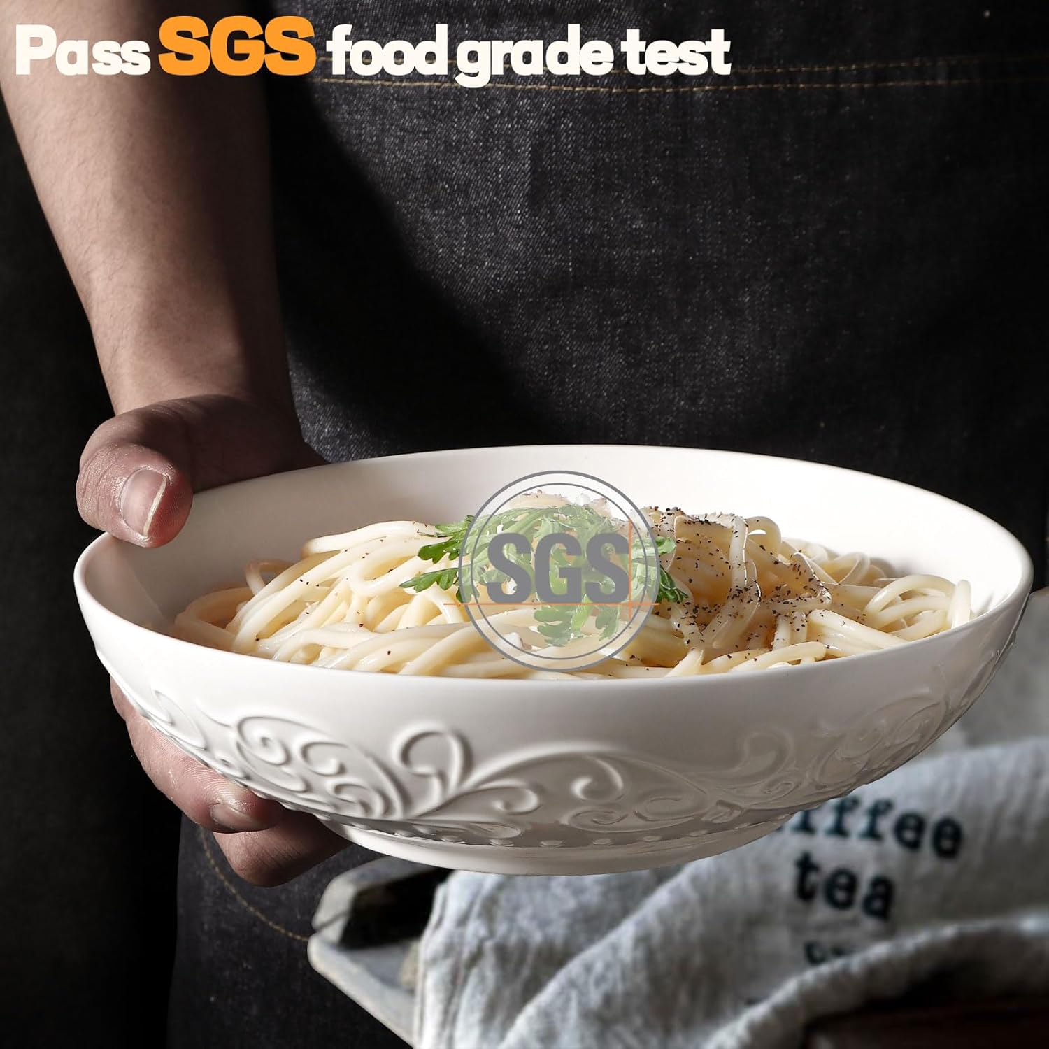 Artena Ceramic Pasta Bowls - 32oz Large Salad Bowls Set of 4 | White Embossed, Microwave & Dishwasher Safe