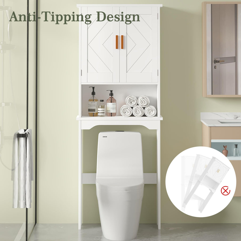 VECELO Over The Toilet Storage Cabinet, Over Toilet Bathroom Shelf with Double Doors and Anti-Tip Device, Inner Adjustable Shelf, White