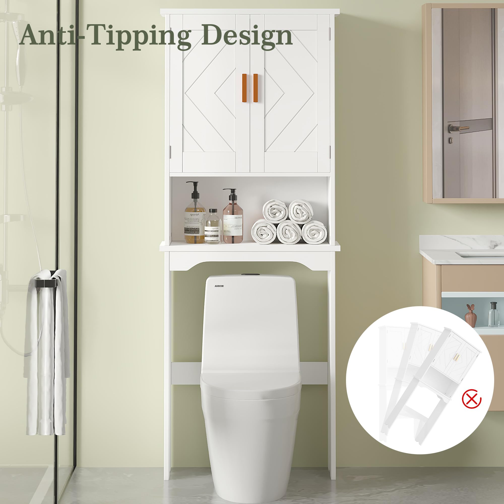 VECELO Over The Toilet Storage Cabinet, Over Toilet Bathroom Shelf with Double Doors and Anti-Tip Device, Inner Adjustable Shelf, White
