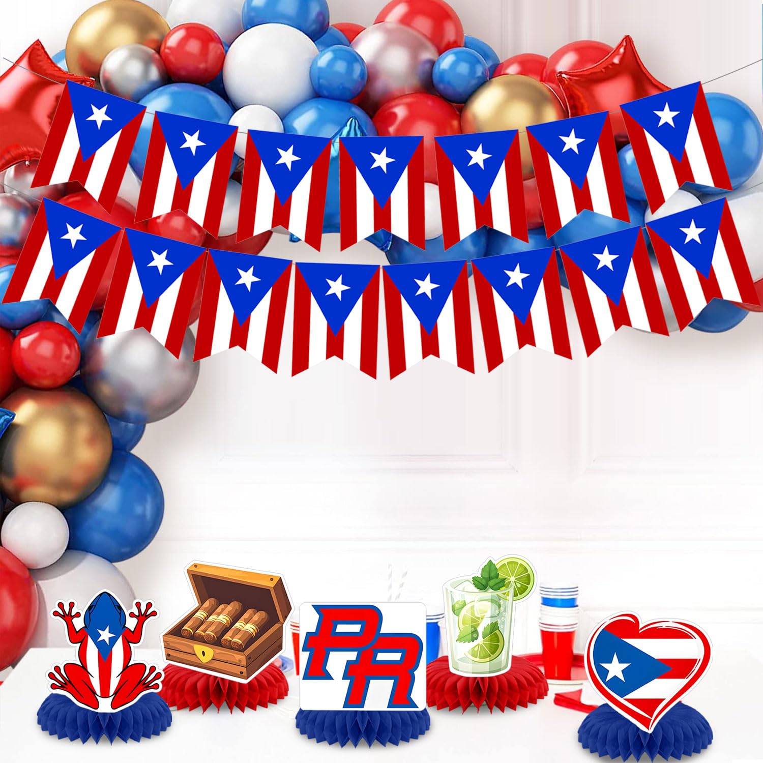 Puerto Rico Birthday Party Decorations, Puerto Rican Flag Banners Party Decorations for Patriotic Anniversary Veterans Day Decor