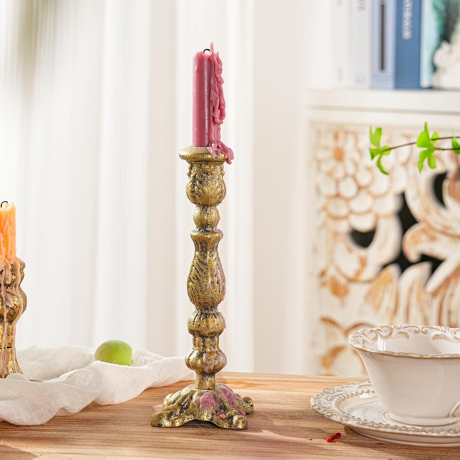 Sungmor Vintage Gold Cast Iron Candle Holder - 8.7" Tall Rustic Taper Stand for Home Décor | Antique-Style Centerpiece
