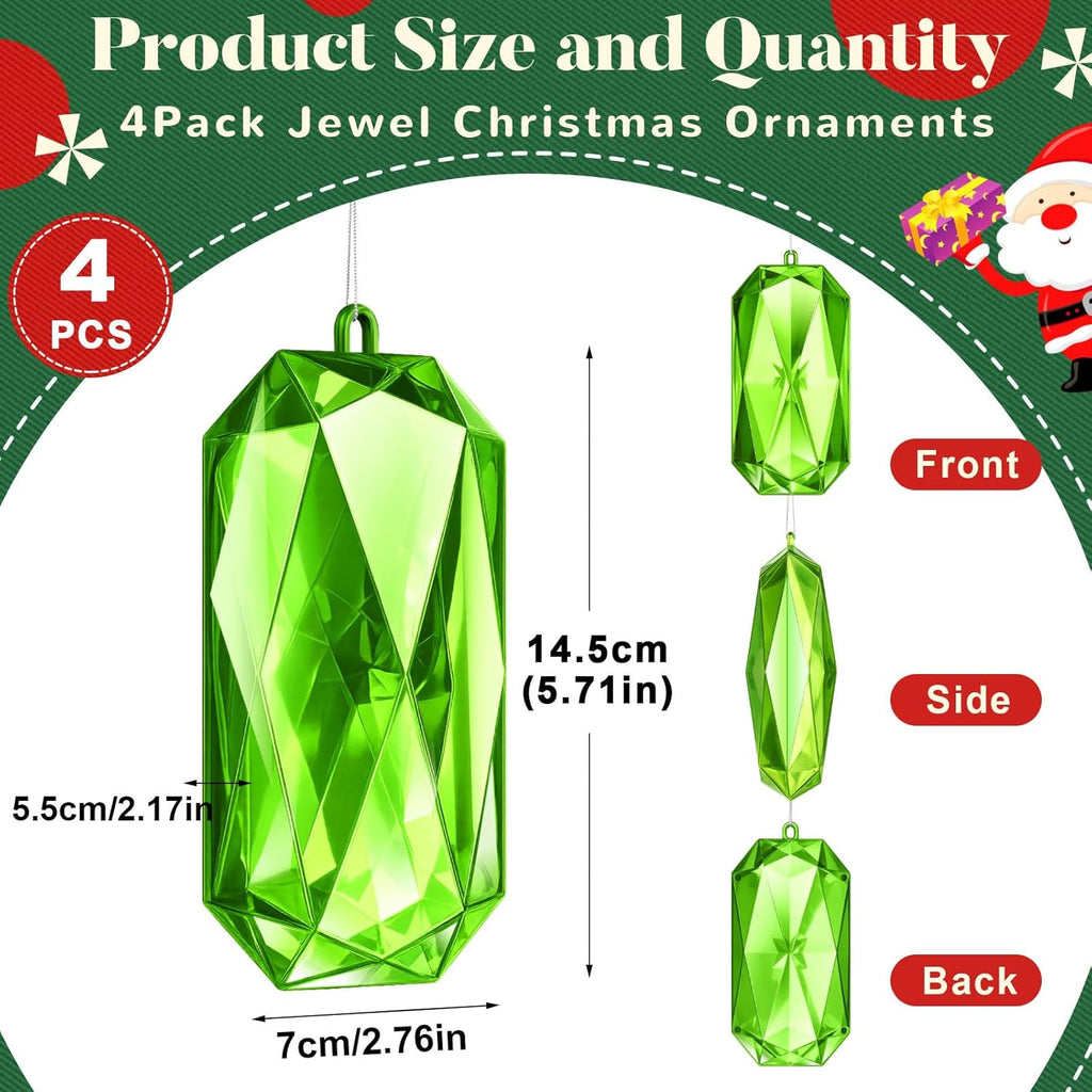 Syhood 4 Pack Green Jewel Ornaments - 5.7 Inch Acrylic Glitter Decorations for Christmas Tree & Holiday Parties