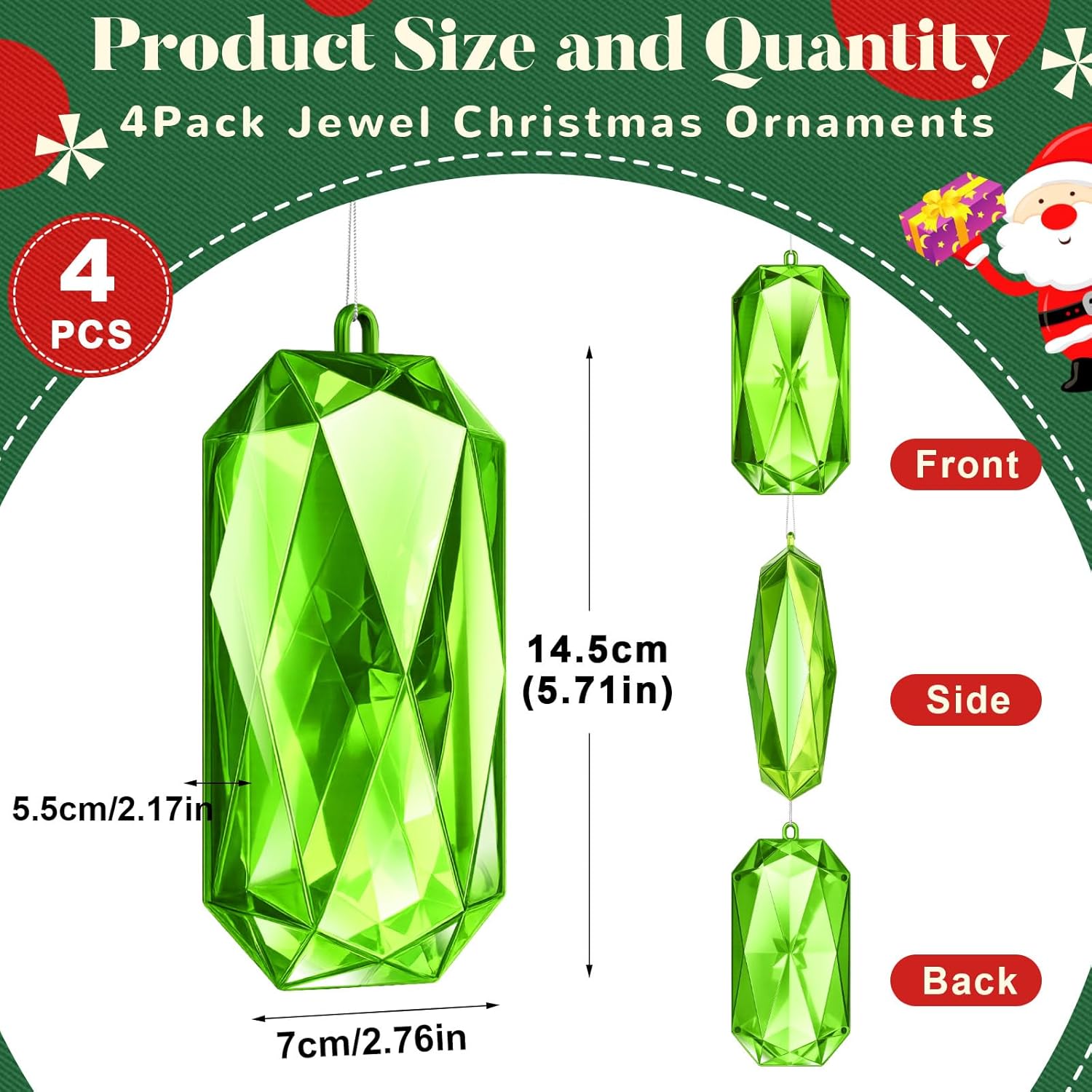 Syhood 4 Pack Green Jewel Ornaments - 5.7 Inch Acrylic Glitter Decorations for Christmas Tree & Holiday Parties