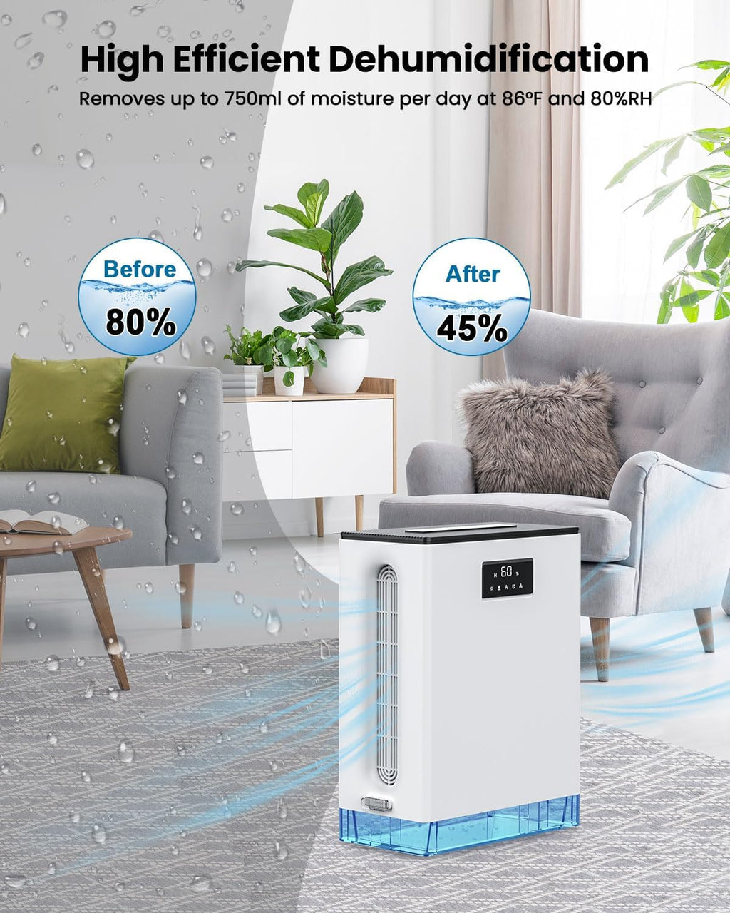 BIZEWO Dehumidifier - Quiet Home Dehumidifier for 980 Sq.Ft | 101 Oz Water Tank, Auto Shut Off & 7 Colors Ambient Light