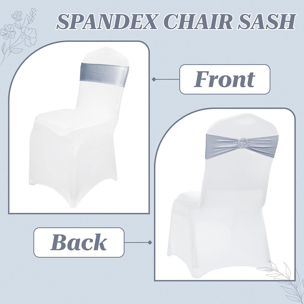 MDS Spandex Foil Chair Sashes - Universal Elastic Stretch Bands with Buckle for Weddings | Metallic Silver, Pack of 50