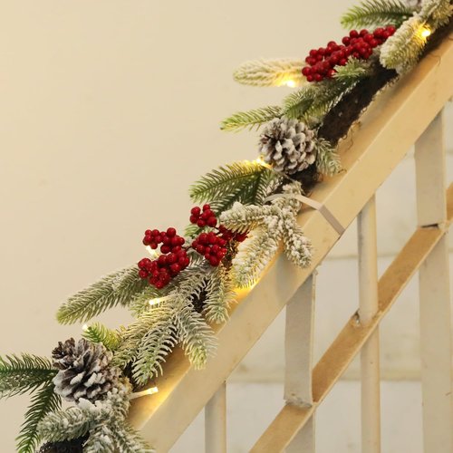 Bdor 6FT Pre-Lit Christmas Garland - Snow Flocked Pine with Red Berries & Pinecones | Battery Operated Holiday Decor for Mantel & Staircase