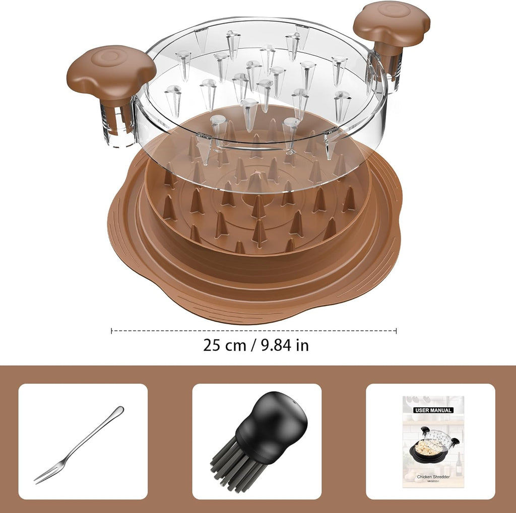 Skiennix Chicken Shredder - Ergonomic Meat Shredder Tool with Brush & Fork | BPA-Free, Brown