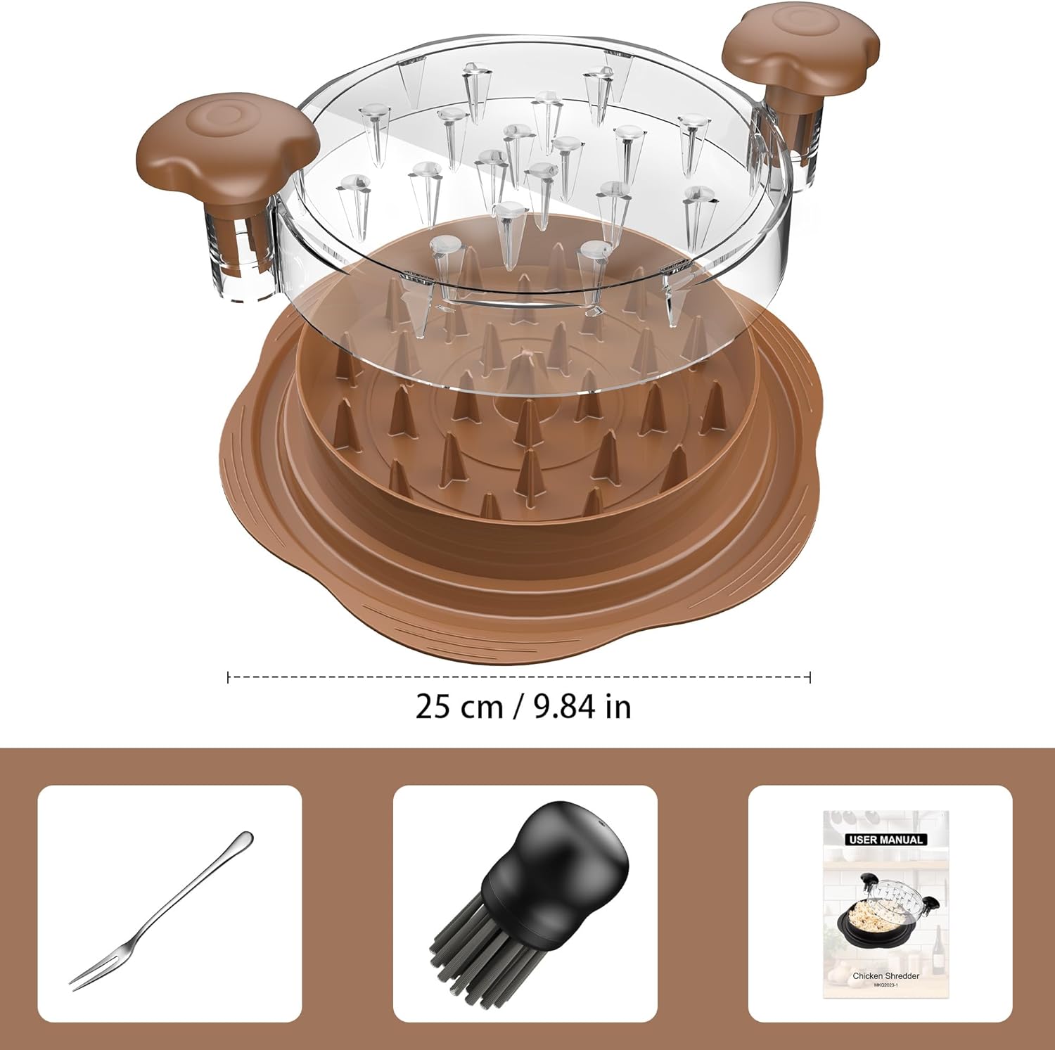 Skiennix Chicken Shredder - Ergonomic Meat Shredder Tool with Brush & Fork | BPA-Free, Brown
