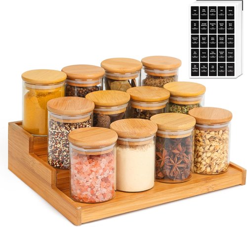 ComSaf Bamboo Spice Rack - 3-Tier Organizer with 12 x 6oz Jars & Labels for Kitchen Pantry