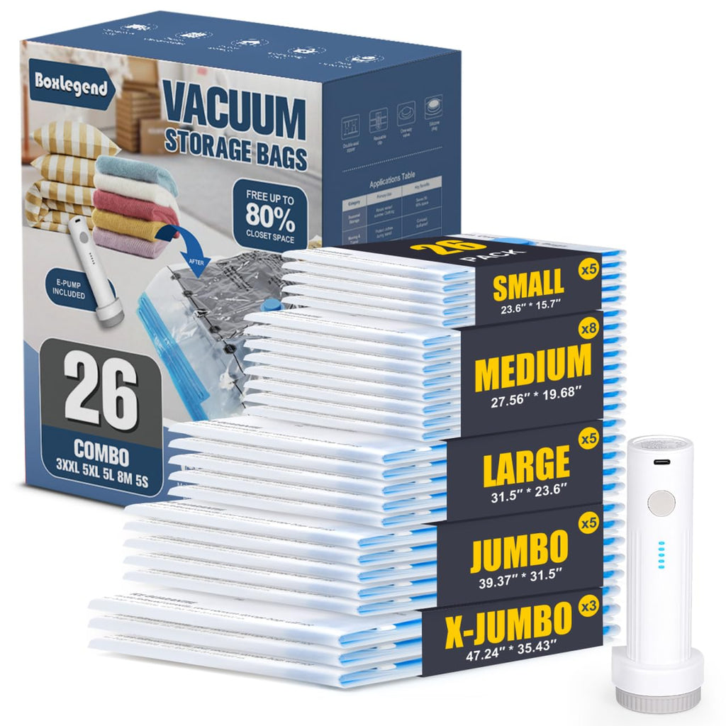 BoxLegend Vacuum Storage Bags with Electric Pump 26 Combo (3X-Jumbo, 5 Jumbo, 5 Large, 8 Medium, 5 Small) Thickened Vacuum Seal Bags for Clothing Space Saving for Coat Quilt Blanket Pillow Comforters