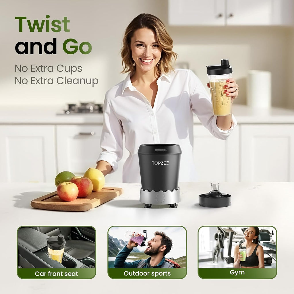 TOPZEE Personal Smoothie Blender - 1000W Single-Serve with 24oz To-Go Cup | Ideal for Protein Shakes & Smoothies, Black