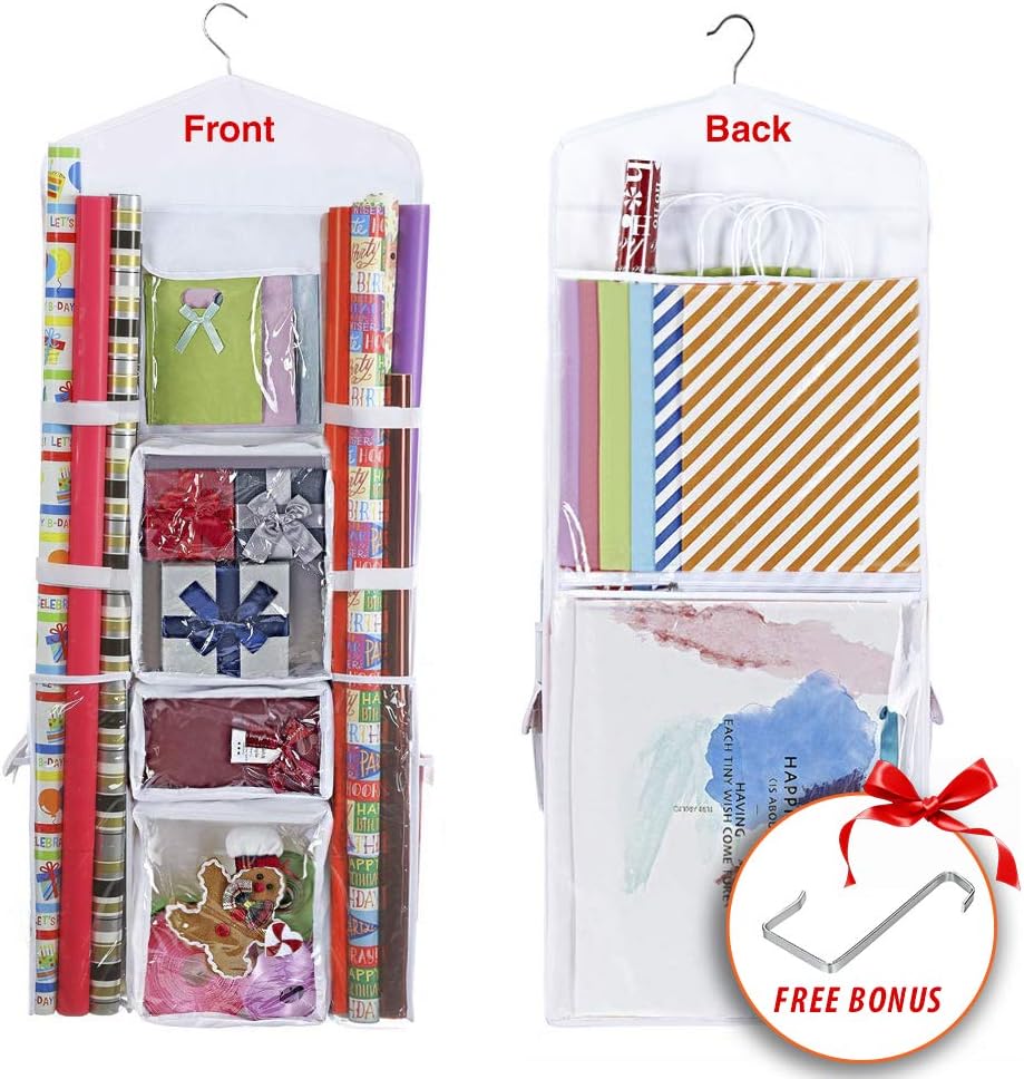 Primode Wrapping Paper Storage - Over The Door Gift Wrap Organizer with Double-Sided Pockets | 40”x17” (White)