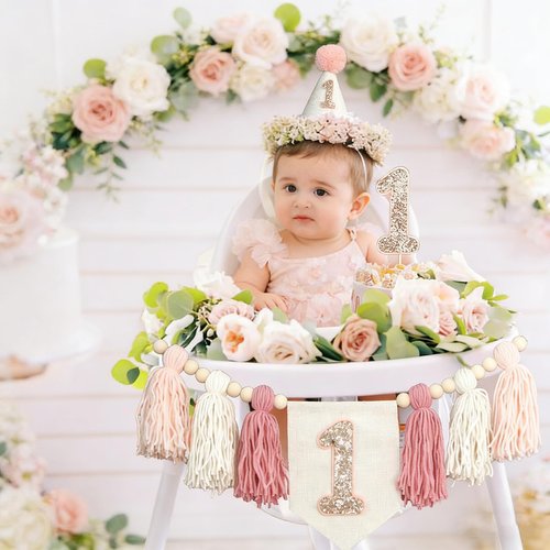Handmade 1st Birthday High Chair Banner Birthday Decorations for Baby Boy with Garland Crown Hat Wild One Cake Topper Baby Photo Banner for Boy Wall Hangings Decorations