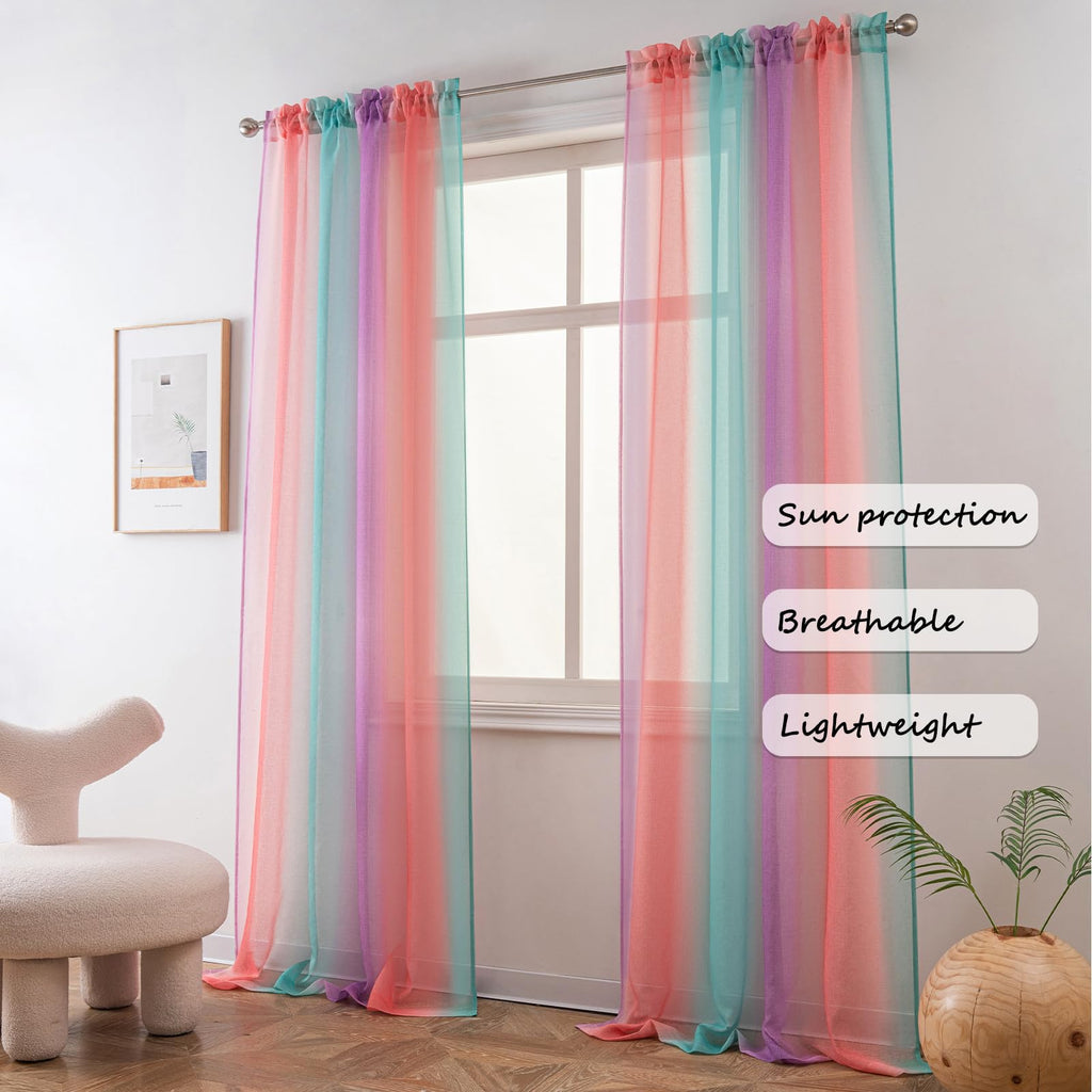 Yancorp Sheer Curtain 2 Panels Semi Bedroom Curtains 63 inches Length Linen Ombre Curtains Rod Pocket Drapes Girls Living Room Mermaid Bedroom Nursery Kids Window Decor(Green Pink Purple, 52"x63")