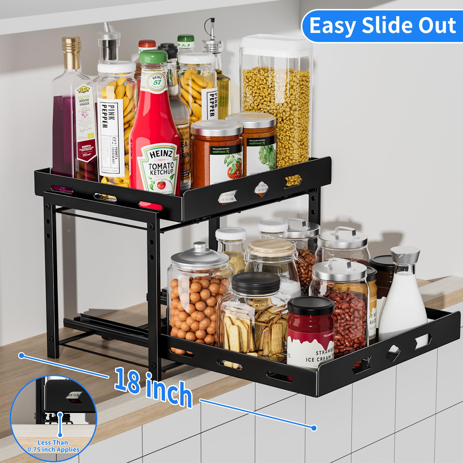 BOIVSHI Spice Organization for Cabinet, 2-Tier Cabinet Spice Rack, Height Adjustable Vertical Spice Rack Pull Out for Kitchen, Cabinet, Pantry (14.1''Wx10.8''Dx9.2''H, Metal Black)