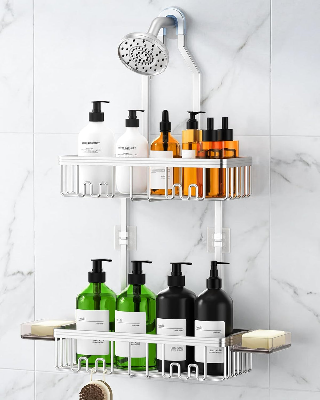Skiennix Shower Caddy - Rust-Free Aluminum Organizer with Hooks & Soap Holder - Bright Silver