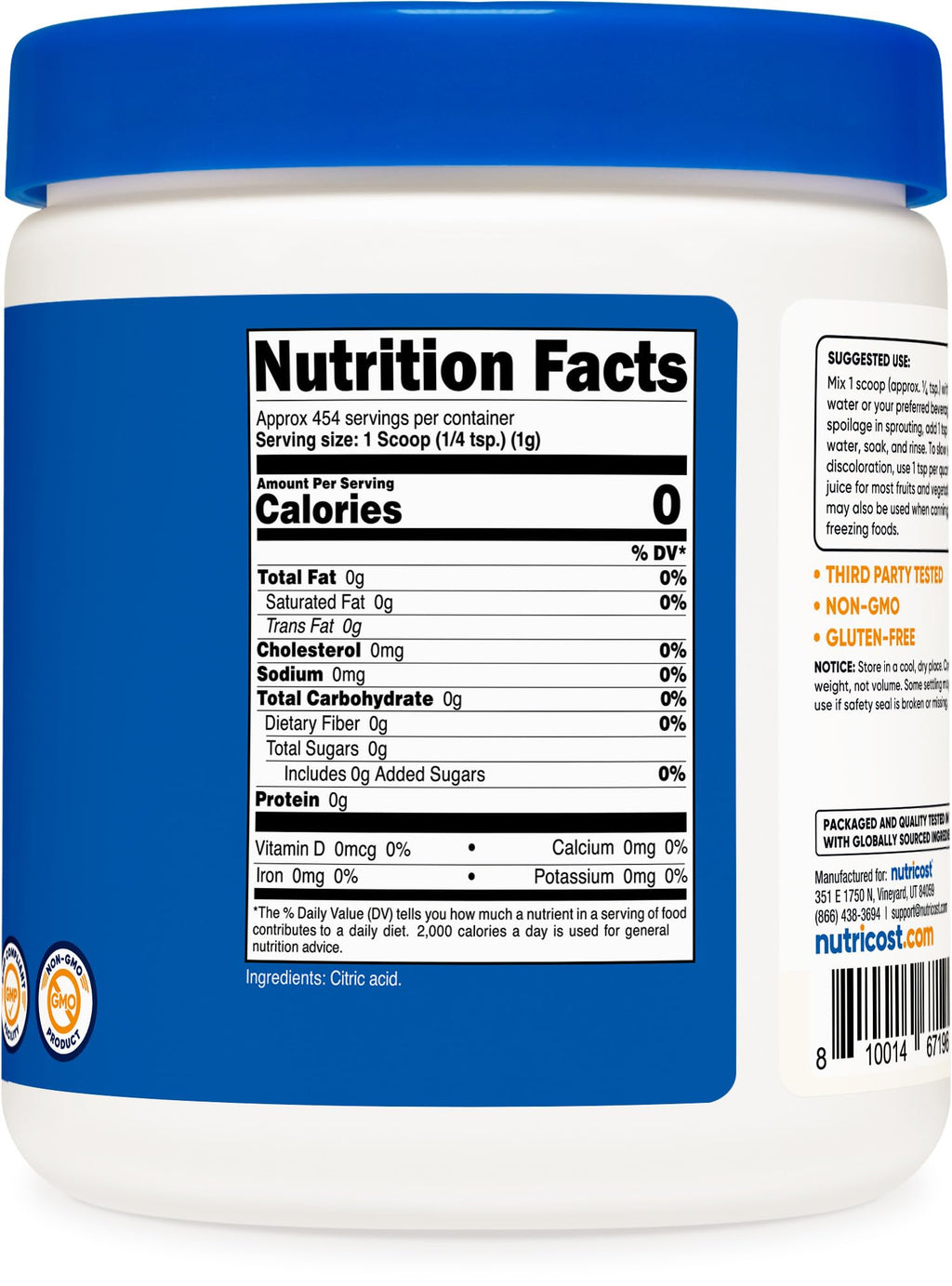 Nutricost Citric Acid Powder (1LB) - 1G Per Serving, Non-GMO, Gluten Free, Vegetarian Friendly
