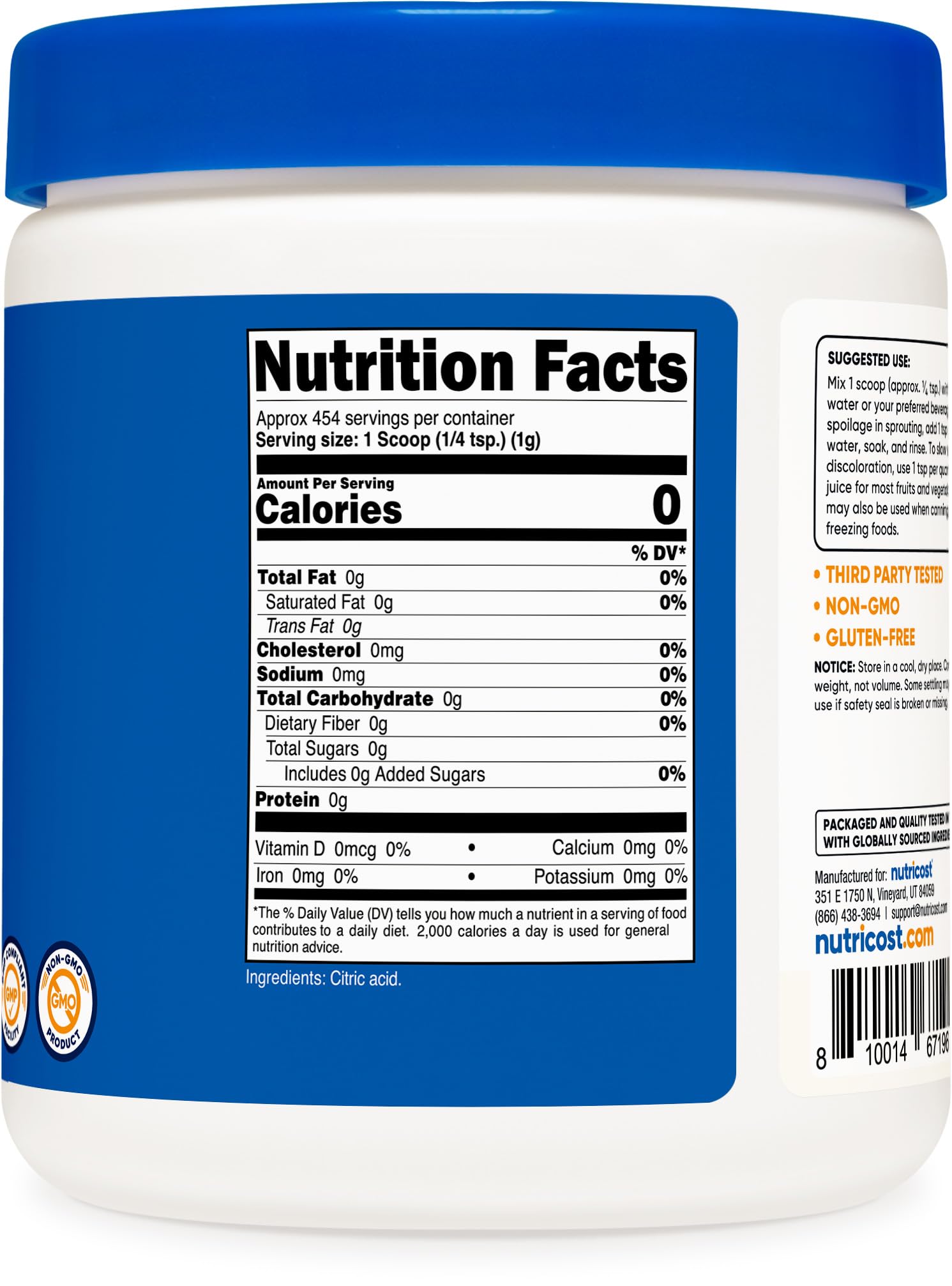 Nutricost Citric Acid Powder (1LB) - 1G Per Serving, Non-GMO, Gluten Free, Vegetarian Friendly