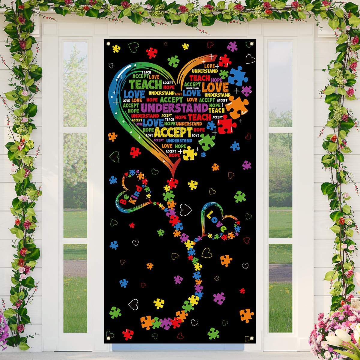 Skiennix Autism Awareness Banner - Puzzle Piece Heart Design for Home & Party Decor
