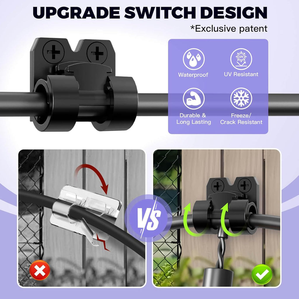 VEXON Outdoor String Light Clips - 25 Waterproof Adhesive Hooks for Hanging Balcony Lights | Black Cable Holders