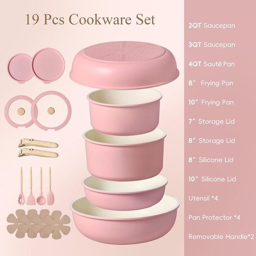 CAROTE Nonstick Cookware Set - 19-Piece Induction Pots and Pans with Detachable Handle | Oven Safe, Pink