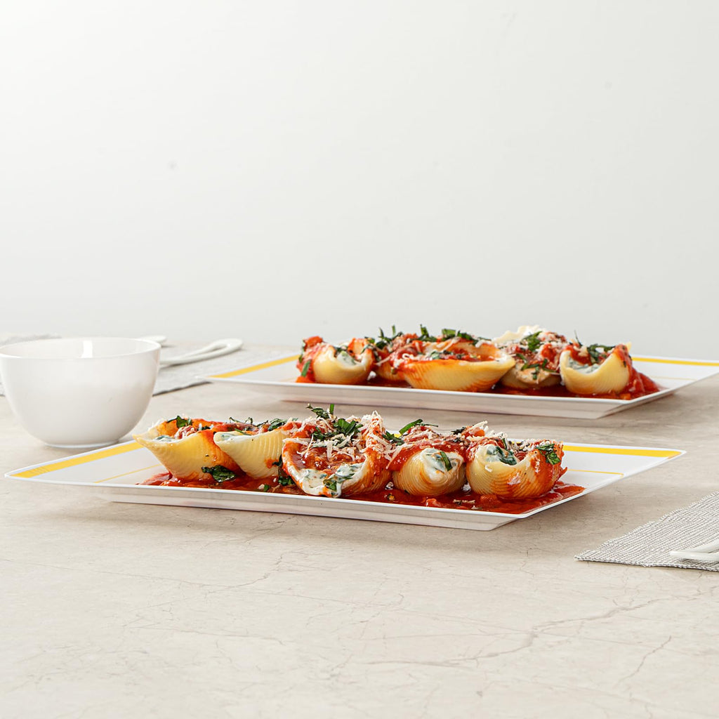 Restaurantware Moderna 9.5 x 6.3 Inch Premium Disposable Plates 100 Rectangular Plastic Plates For Parties - Gold-Rimmed Durable White Plastic Dinner Plates For Warm And Cold Foods