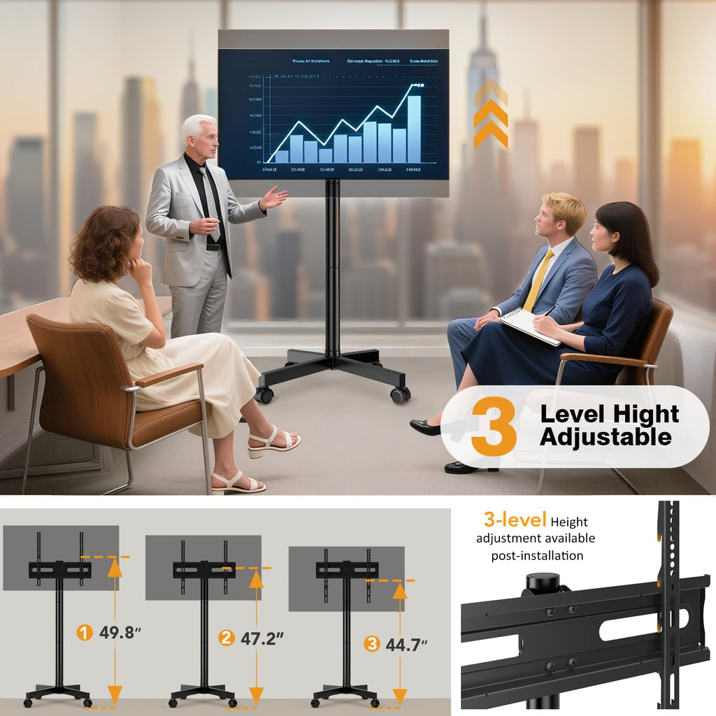 Hemudu Mobile TV Stand for 23-60 Inch LCD LED Flat/Curved Screen TVs, TV Cart Holds up to 77Lbs, Rolling TV Stand with Tilt and Height Adjustable, Pole TV Floor Stand with Wheels Max VESA 400x400mm