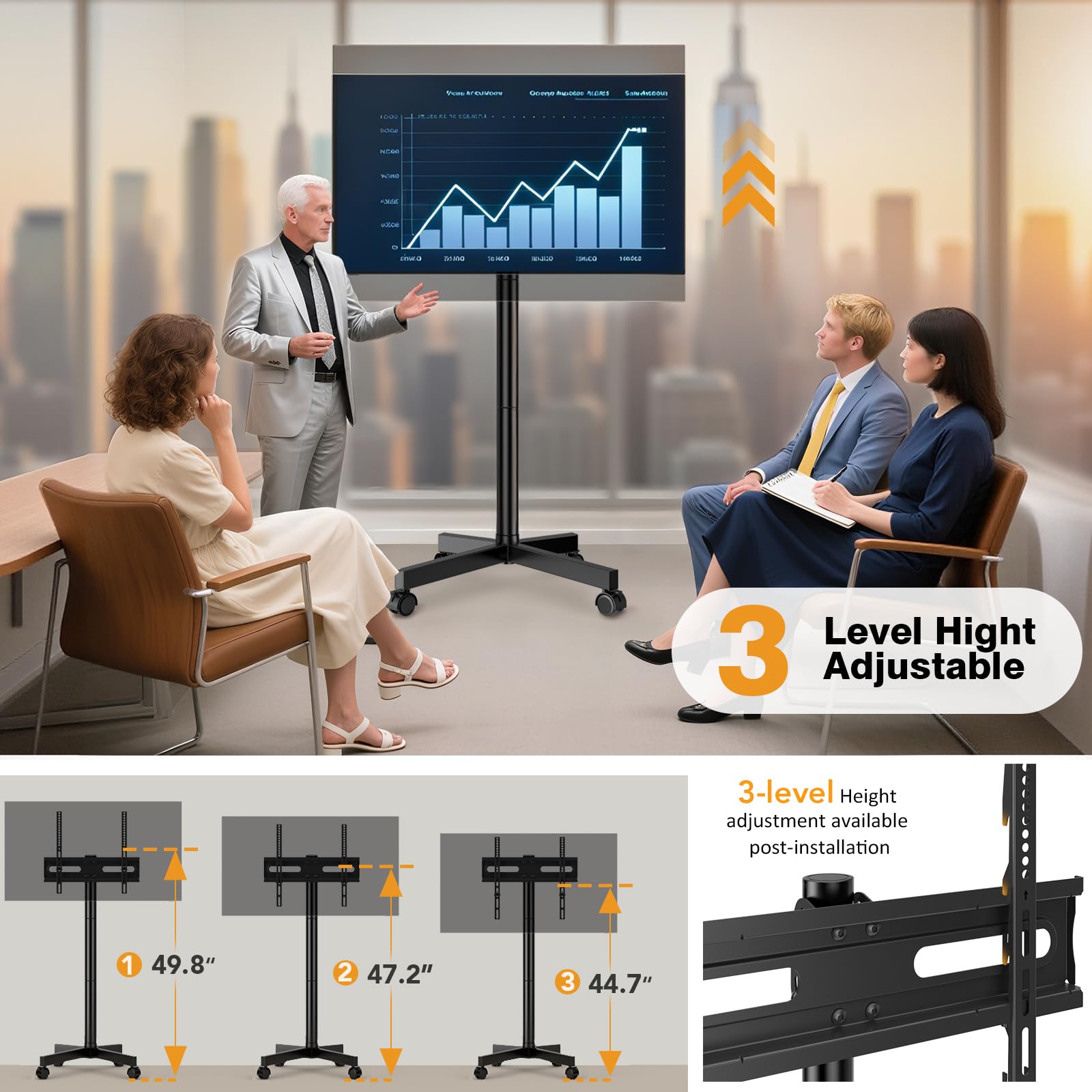 Hemudu Mobile TV Stand for 23-60 Inch LCD LED Flat/Curved Screen TVs, TV Cart Holds up to 77Lbs, Rolling TV Stand with Tilt and Height Adjustable, Pole TV Floor Stand with Wheels Max VESA 400x400mm