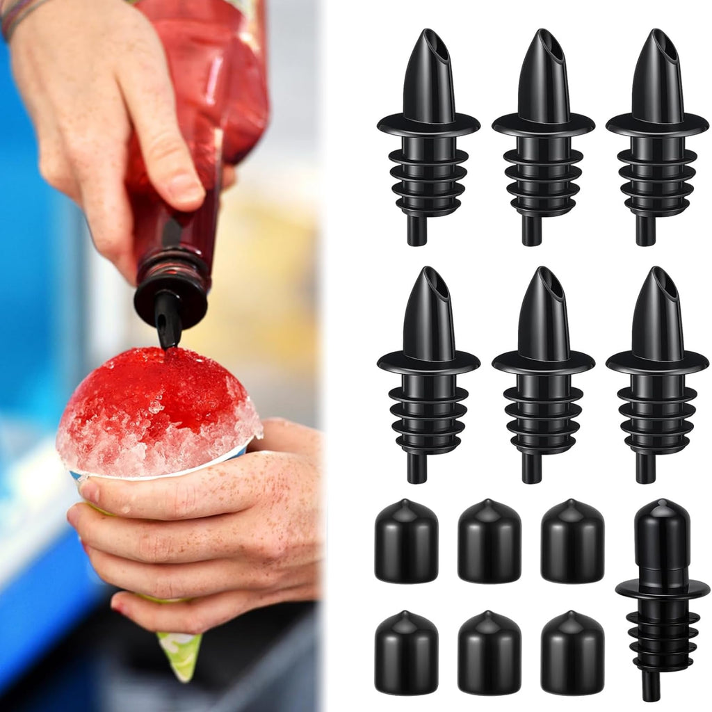 12 Pcs Bottle Pourers Syrup Pour Spouts Including Snow Cone Syrup Alcohol Liquor Bottle Pourers and Rubber Dust Cap Covers Dispenser Accessories