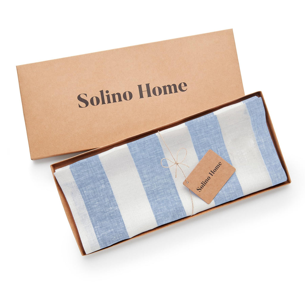 Solino Home Linen Table Runner 108 Inches Long - Cabana Stripe, 100% Pure Linen Sky Blue and White Table Runner 14 x 108 Inch for Dining, Spring, Summer, Mothers Day