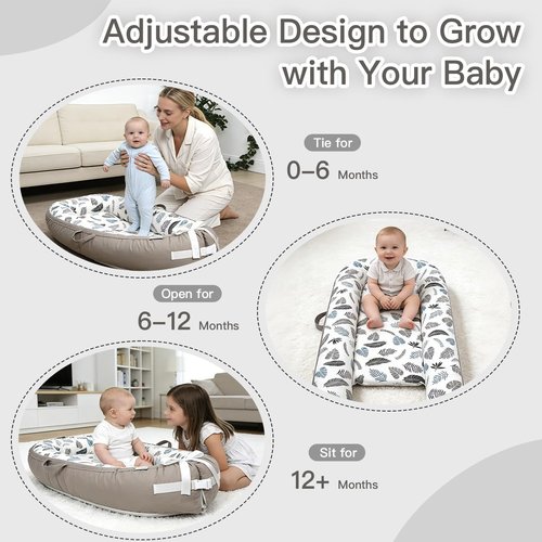 Infant Support Cushion - Reversible & Adjustable Baby Support Mat for Tummy Time | Soft, Breathable, Washable Cover | Grey Leaves