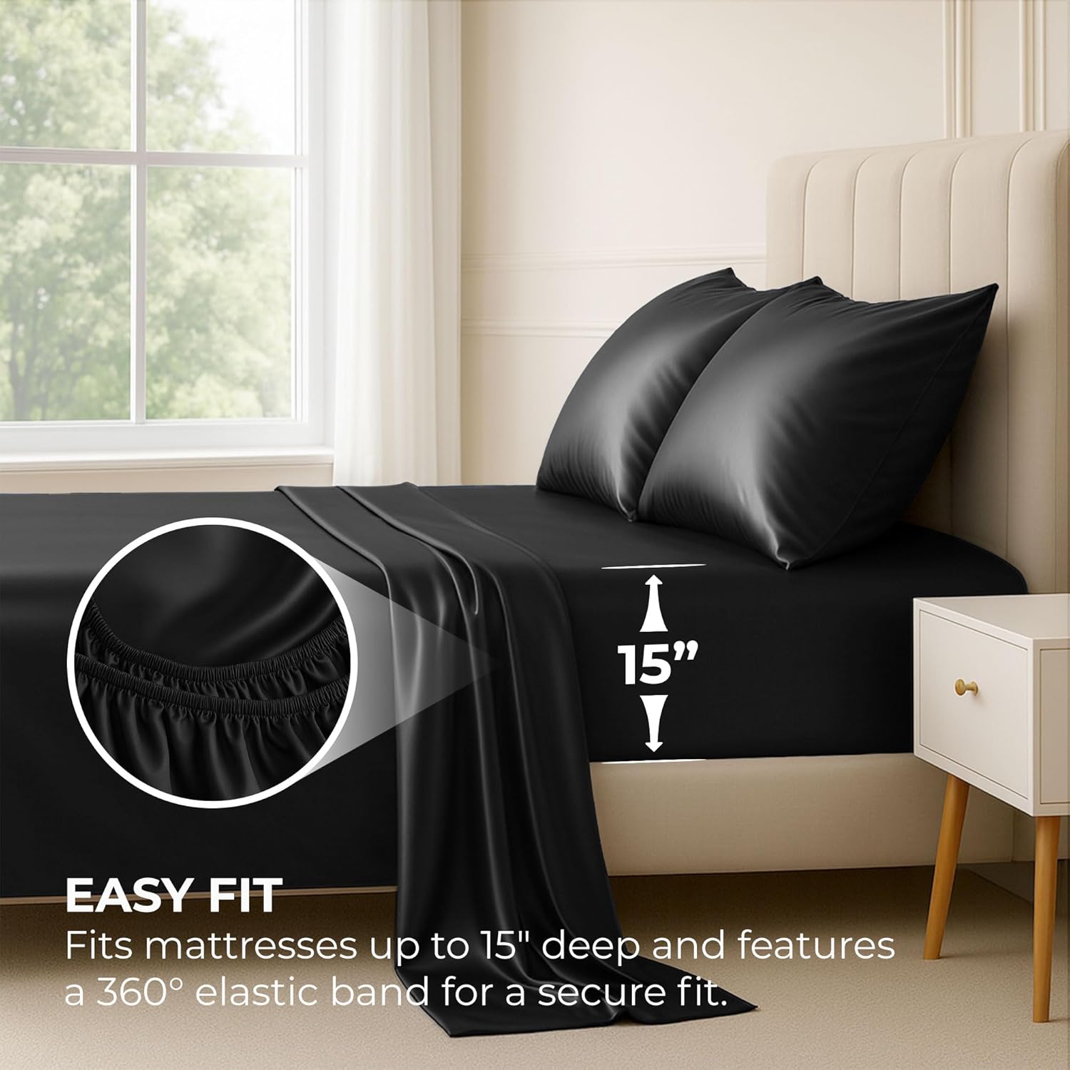 Pure Bedding Satin Sheets - Luxury Silky 4-Piece Queen Set in Black | Extra Soft 1800 Microfiber, Deep Pocket Design