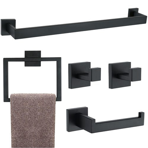 5 Pieces Bathroom Hardware Accessories Set Matte Black, 16Inch Square Towel Racks Set for Bathroom, SUS304 Stainless Steel Towel Bar Set, Bath Accessories Sets Wall Mounted
