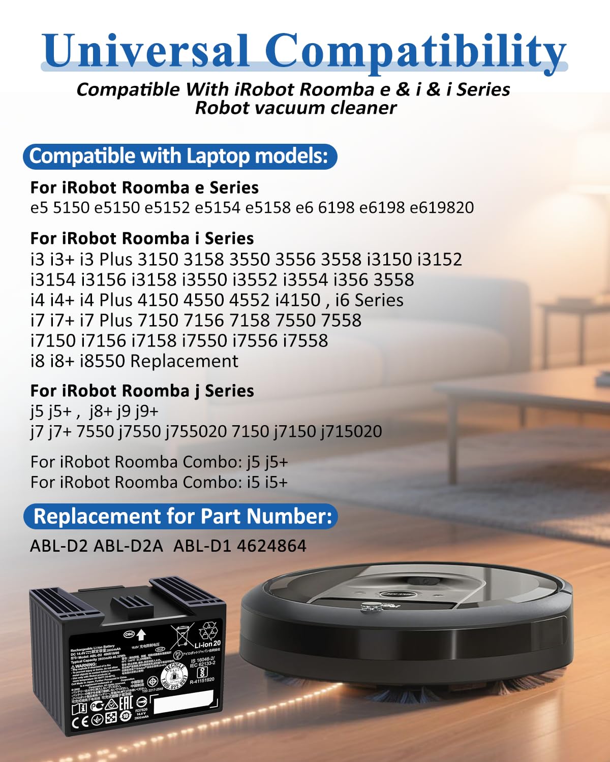 ABL-D2 Battery Replacement for iRobot Roomba j7 i7 i8 i4 i3 e5 e6 Series j7+ j7550 i4 i4+ i8+,for Roomba Combo j5 i5 j7+ j9+Series Base Robots Blade battery for roomba,Roomba Battery 2800mAh