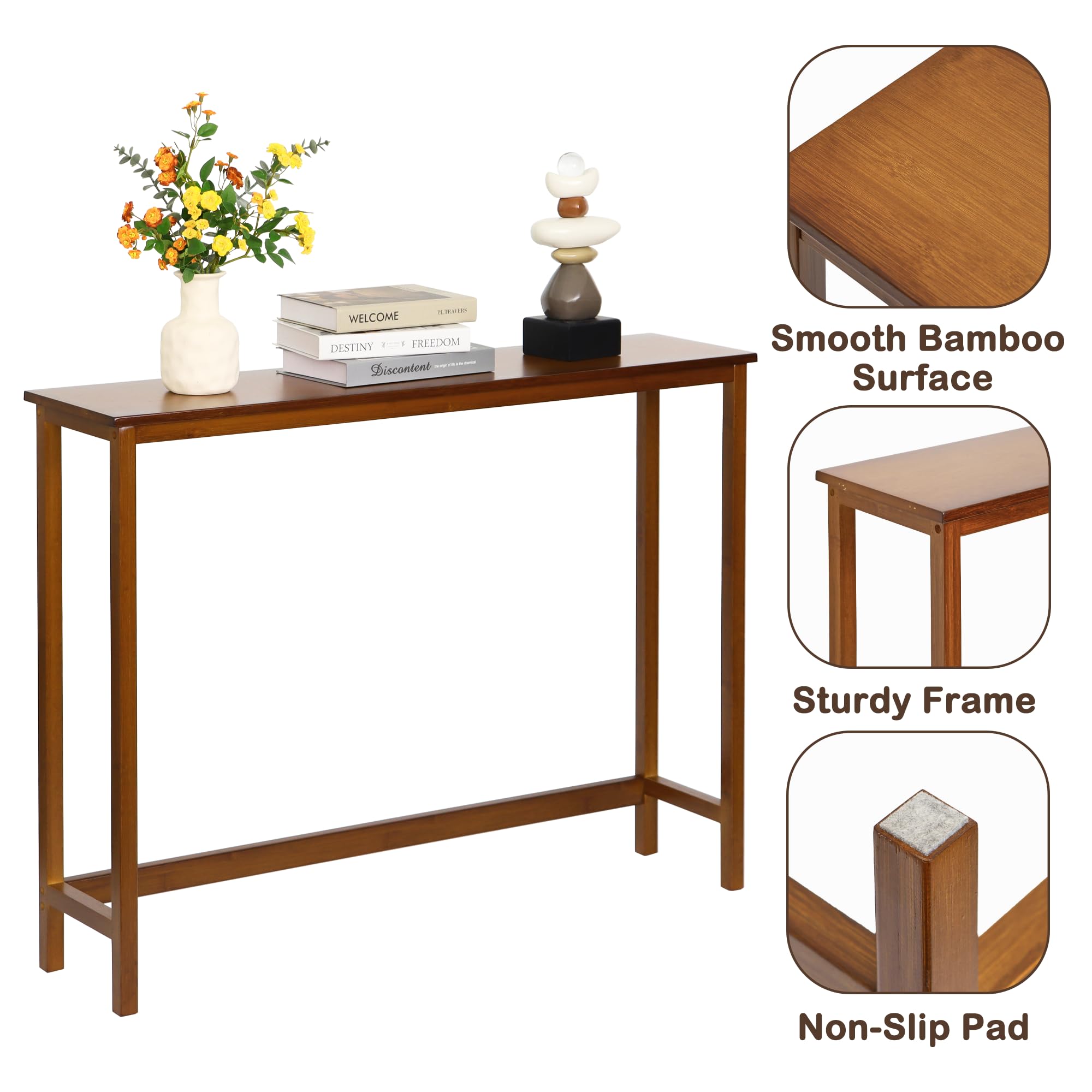 Mordchil HF Bamboo Narrow Console Table, 39.4"(L) Wood Small Entryway Table, Accent Slim Hallway Tables, Thin Sofa Side Tables for Hallway, Living Room, Bedroom, Foyer, Walnut