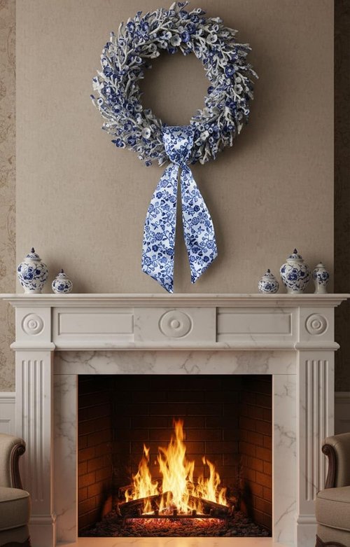 Chinoiserie Wreath Sash - Blue Floral Ribbon Decor for Front Door | 55x5 Inch Indoor/Outdoor Bow