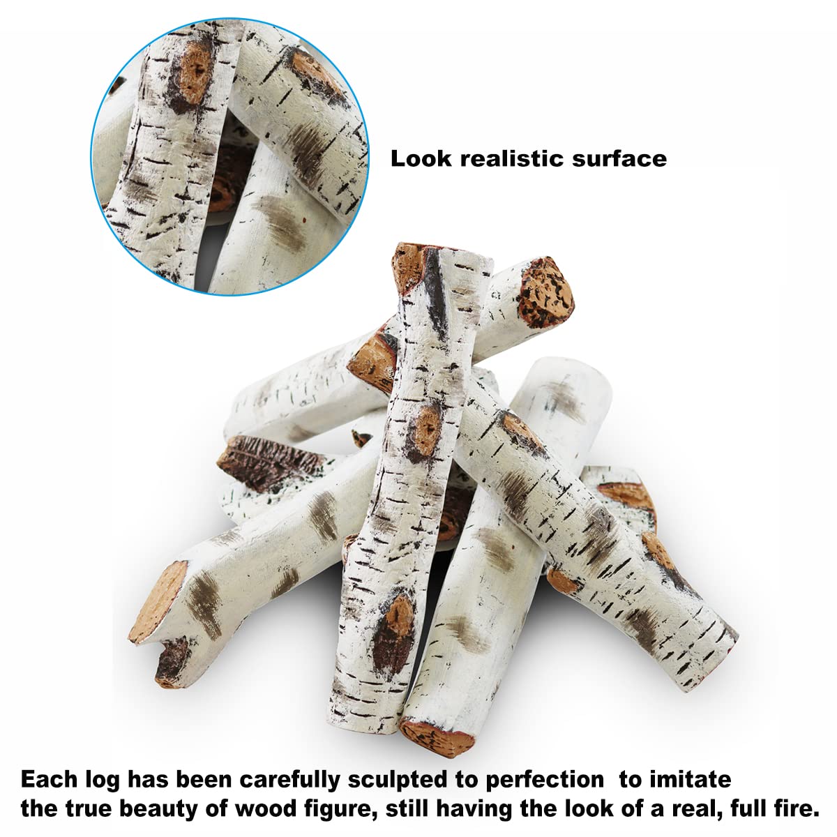Gcostar 16" Gas Fireplace Logs Set, Ceramic White Birch Log for Gas Fireplace Indoor Insert, Vented, Propane, Electric Gas Fireplaces, Fake Wood Logs Fireplace Decor, Large Birch Logs 6PCS
