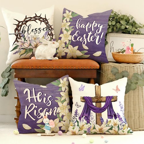 GEEORY Happy Easter He is Risen Throw Pillow Covers 18x18 Inch Set of 4, Cross Flower Wreath Blessed Spring Decorative Farmhouse Holiday Cushion Case for Home Decoration (Purple) G680-18