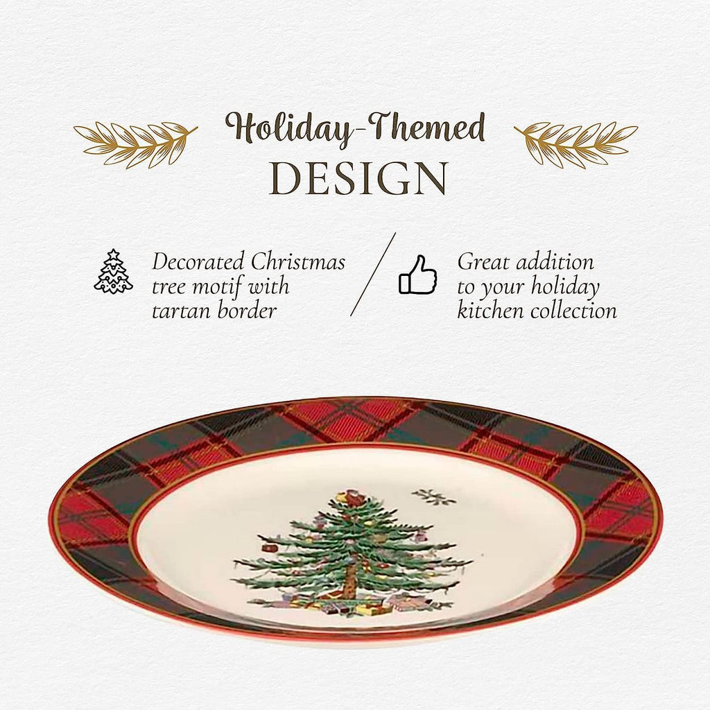Spode Christmas Tree Tartan 7.75" Salad Plate, Set of 4 - Festive Table Setting for Parties & Gatherings, Holiday Plate for Appetizers, Desserts or Salads - Dishwasher & Microwave Safe Earthenware